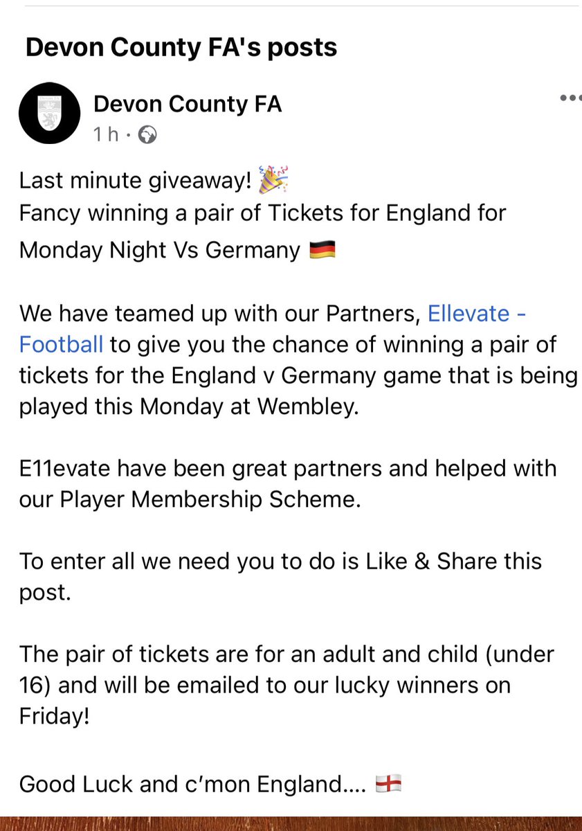 devoncfa's tweet photo. Fancy a night out in London on Monday watching the boys - then see our Competition to win England tickets 👍 @swsportsnews @EllevateApp_ #EllevateYourGame https://t.co/WCvDBMH8kp