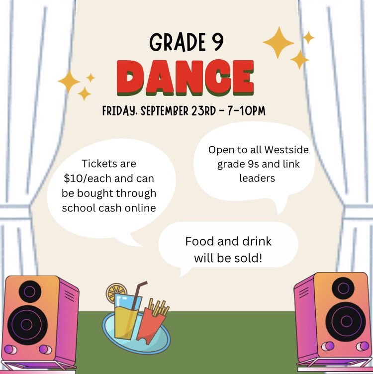 WSSStudentUnion's tweet photo. Grade 9s - Remember to get your tickets for tomorrow’s grade 9 dance! 💃🕺 https://t.co/8quavTyqja