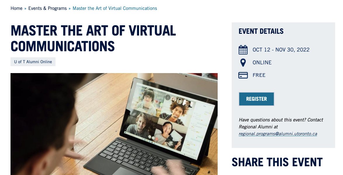 IT4Learning's tweet image. Our Master the Art of Virtual Communication Coursera MOOC shared with U of T Alumni and friends. rb.gy/oe8nle