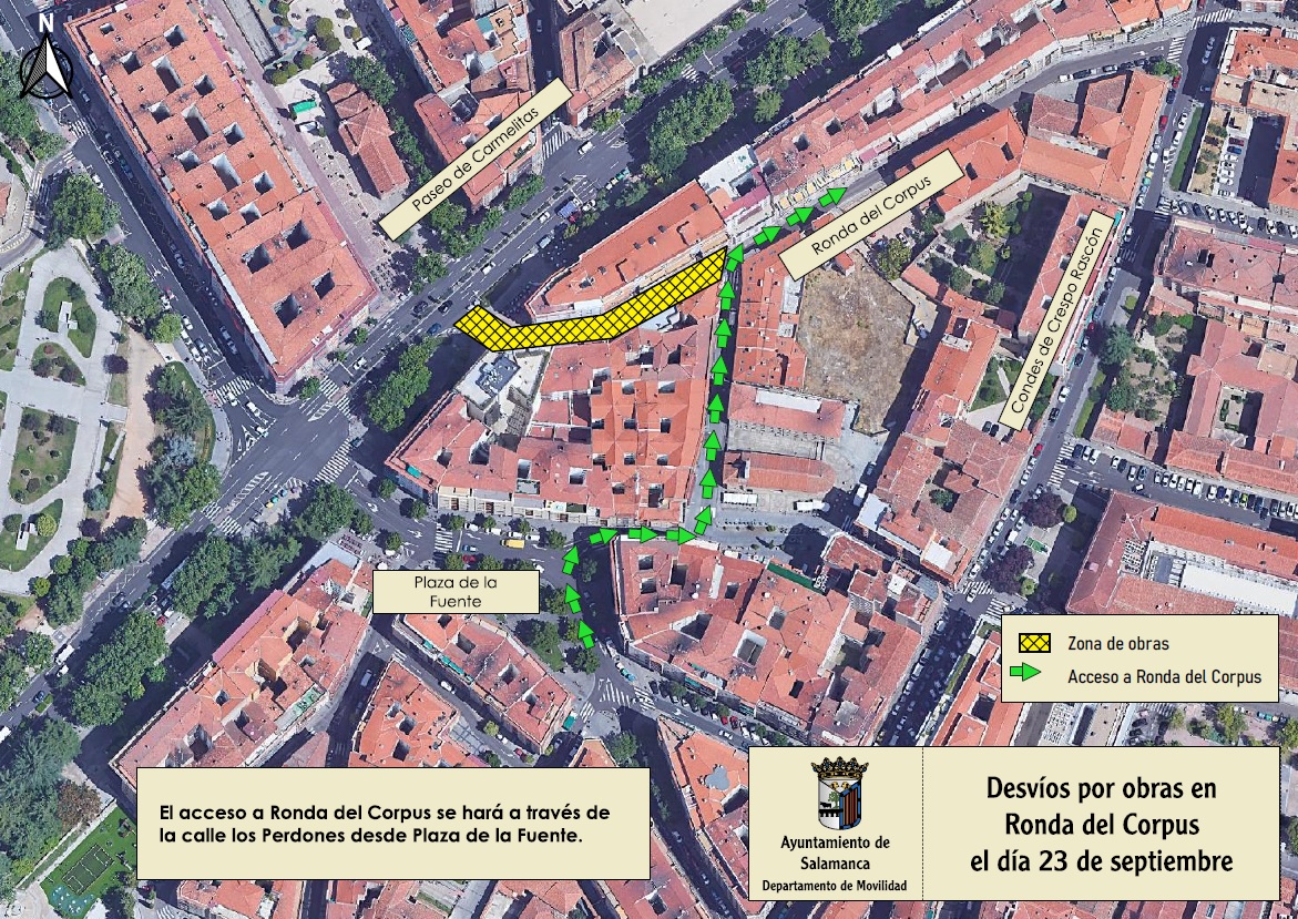aytoSalamanca's tweet photo. 🚧Cortes de tráfico y desvíos el viernes 23 en la #RondadelCorpus por los trabajos de renovación del firme.
❌Circulación restringida parcialmente desde #PaseodeCarmelitas
↗️ Acceso por C/ de los #Perdones desde #PlazadelaFuente
⏬Mapa⏬ https://t.co/buZw4AO6Hw