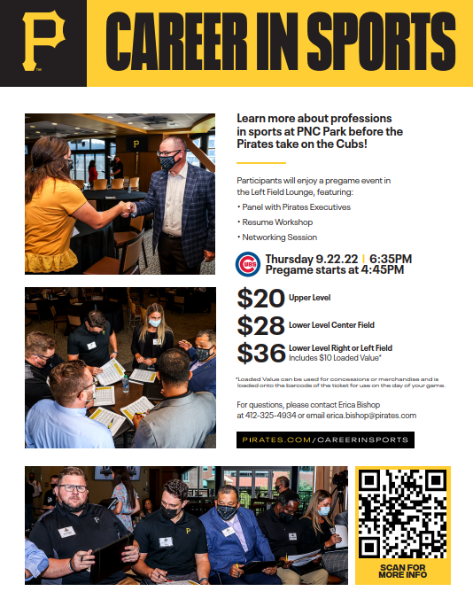 Interested in a career in sports? ⚾️🧢 Stop by Career in Sports Night at PNC Park tonight at 4:45pm! The event will include a panel with Pirates executives, resume workshop, and networking session. See the flyer for more information and how to register!