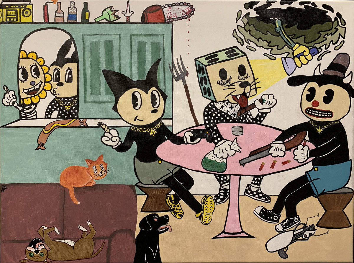 kpanter18's tweet photo. I present to you a painting by my amazingly talented wife which depicts a typical day in the life for myself, @NftJacinto , @NFTeeds_eth and @web3kat back when we were in Gooniversity @Cryptoon_Goonz @GoonNewzNetwork @GoonzGuild #LFGoon #GoonGang #art https://t.co/ag7B6Jx8sR