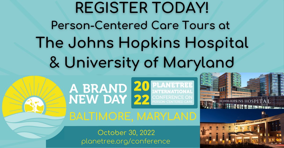 Reserve your person-centered care tour today! Tours are available at The University of Maryland St. Joseph Medical Center or The Johns Hopkins Hospital on Sunday, October 30, 2022. Click the link to learn more and reserve your spot today!  bit.ly/37A61Am #Planetree22