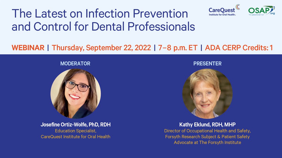 CareQuestInst's tweet photo. Join us TONIGHT for a webinar, in partnership with @OSAPtweets to explore guidance around how #dental professionals can safely care for themselves and their patients. @JosefineWolfe #DICAM https://t.co/35mLO81VGs https://t.co/TDWt7CRSol