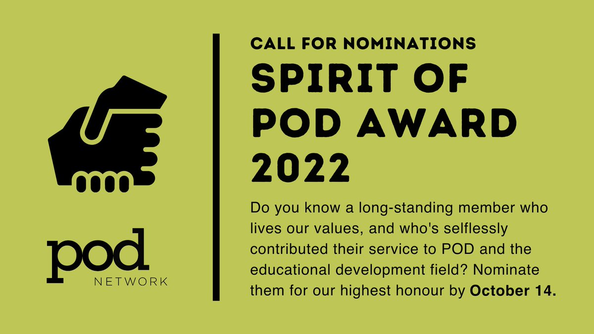 Is there someone at POD who's welcomed you, helped you grow in the organization or the profession, or stands out to you as living our values?

Then nominate them for the #POD22 Spirit of POD Award, our highest honour.

ow.ly/OrTF50KCzUt