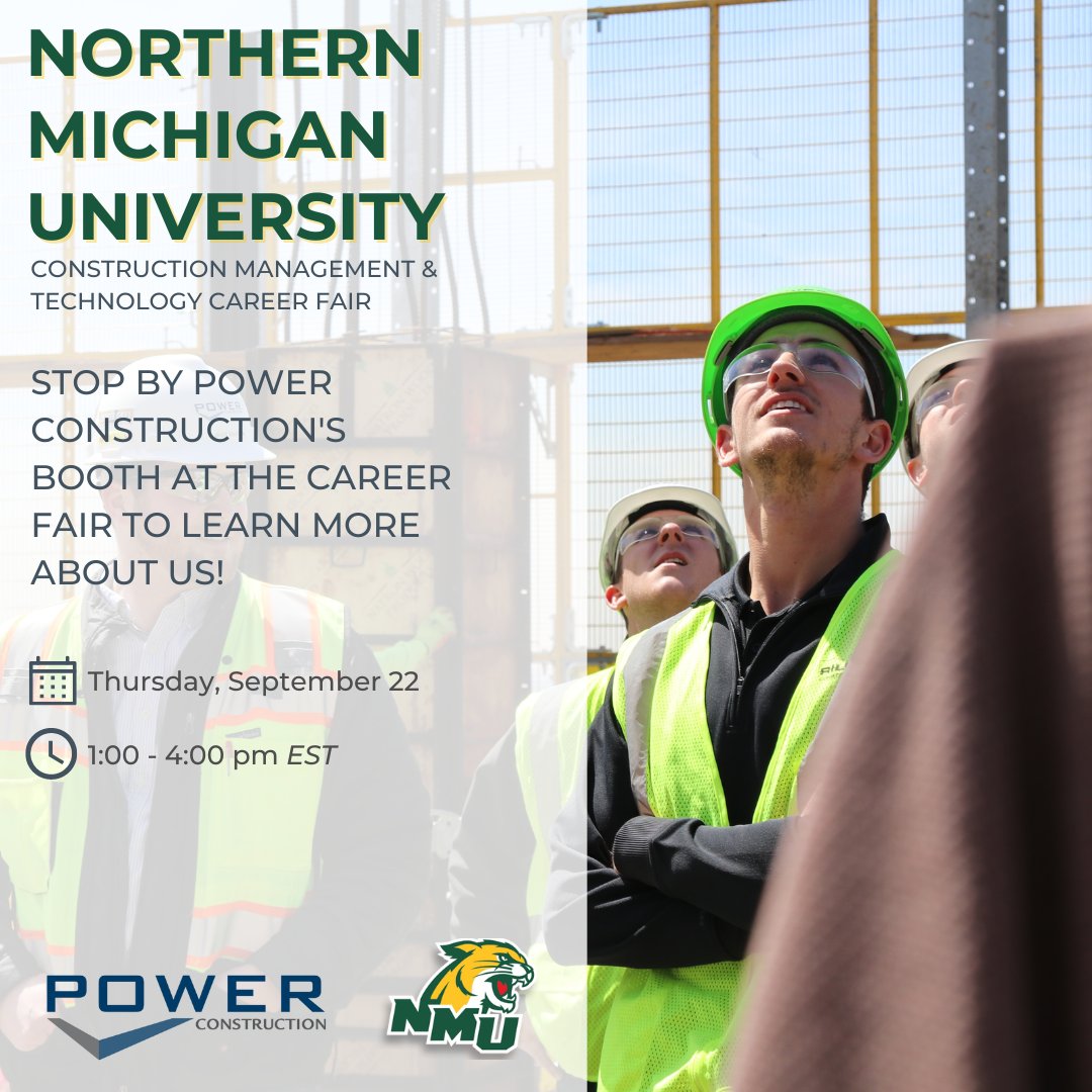 Hey Wildcats! Don't forget to stop by our table at the Construction Management and Technology Career Fair today. 
#careersinconstruction #careersinsafety #ShareNMU #alwaysNMU #Poweryourcareer #GrowwithPower #internship #recruiting <a href="/NorthernMichU/">Northern Michigan University</a>