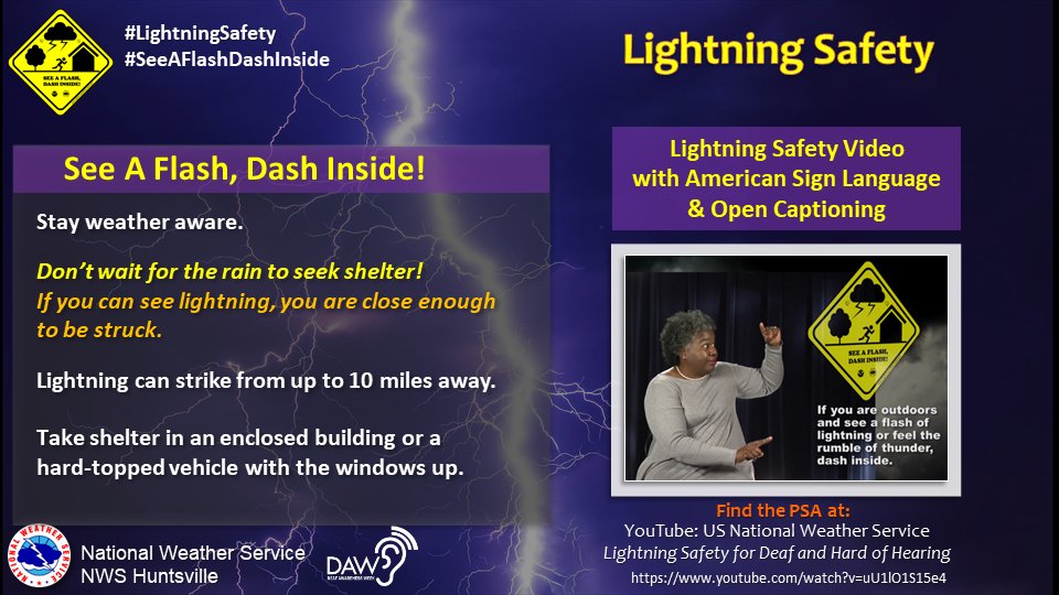 Whatever your outdoor plans are: When you See a Flash, Dash Inside! It's never safe to be outside when lightning is in the area. ow.ly/Rfyj50KQnzW #SeeAFlashDashInside #DeafAwarenessWeek #IWDeaf
