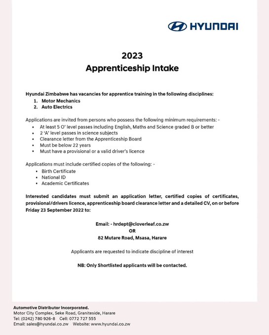 2023 Apprenticeship Opportunities @ HYUNDAI Zimbabwe