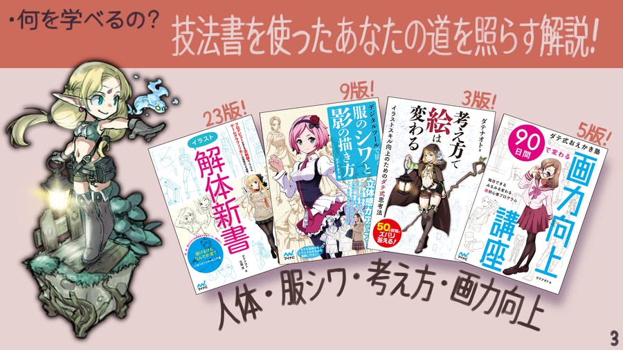 ダテ式お絵描きゼミは、単なるスキル学習だけではなく、定期的に合宿、対面しての合同作業会などを行いつつ、技術習得に加えて仕事の進め方や、法律・税金の事、またITサポートなども同時に行っている点です。可能であれば末永く同業者としてお付き合い出来る様にしていければと理想と考えております
