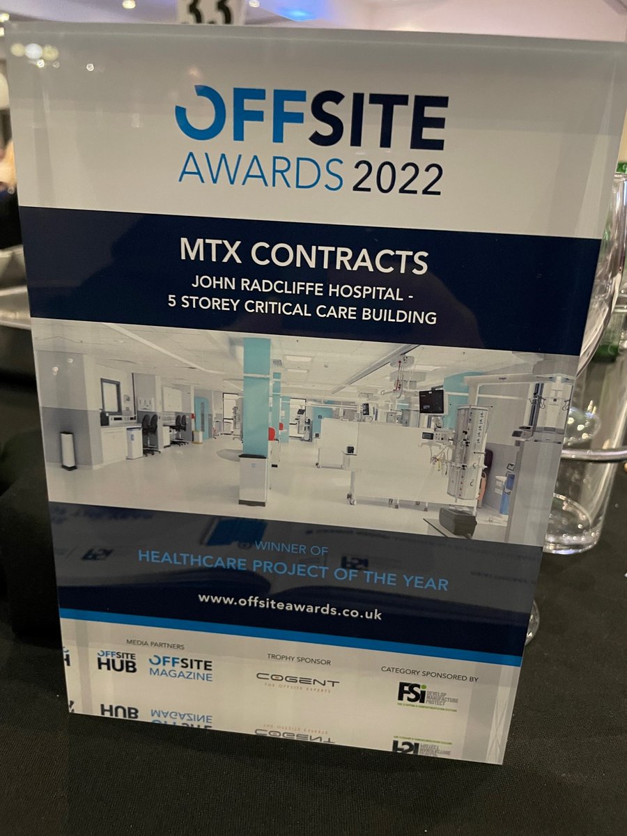 <a href="/mtxcontracts/">MTX</a> won 'Healthcare Project of the Year' at the Offsite Awards 2022 for OUH's new Oxford Critical Care build. Congratulations to the entire team.  @OUH_CritCare <a href="/LynbennettICU/">LynBennett(Wright)</a> <a href="/OUHospitals/">OUH</a>