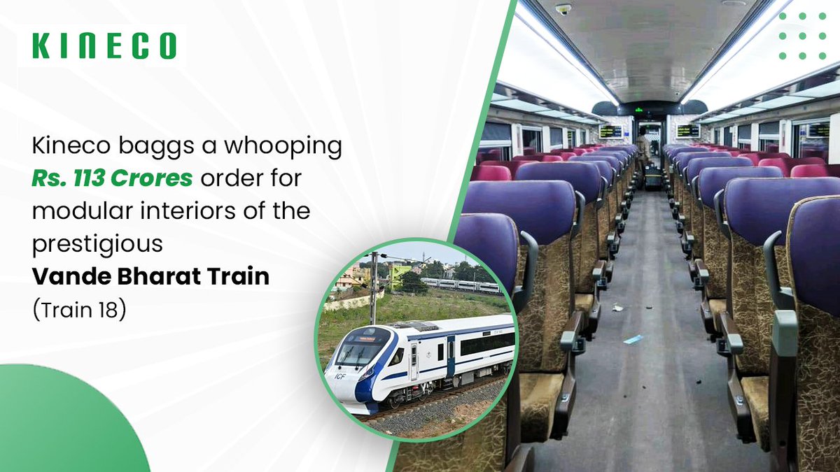 KinecoGroup's tweet photo. Achievement Unlocked ✅
We feel honoured to share that Kineco Ltd. has bagged a record Rs.113 Crores order for supply and installation of modular interiors for India’s first semi-high speed train: Vande Bharat, from its esteemed customer, Integral Coach Factory, Chennai. https://t.co/lPrpj8glcG