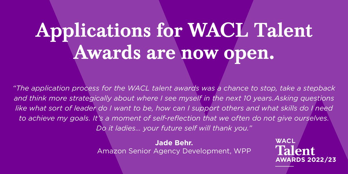 The 2023 WACL TALENT AWARDS are now open! Welcoming all upcoming female leaders. Find out more and how to apply at: lnkd.in/eW-btGfS @WACL1 #WACLtalentawards #futurefemaleleaders #inclusion #womeninadvertising #creativeindustry #talent