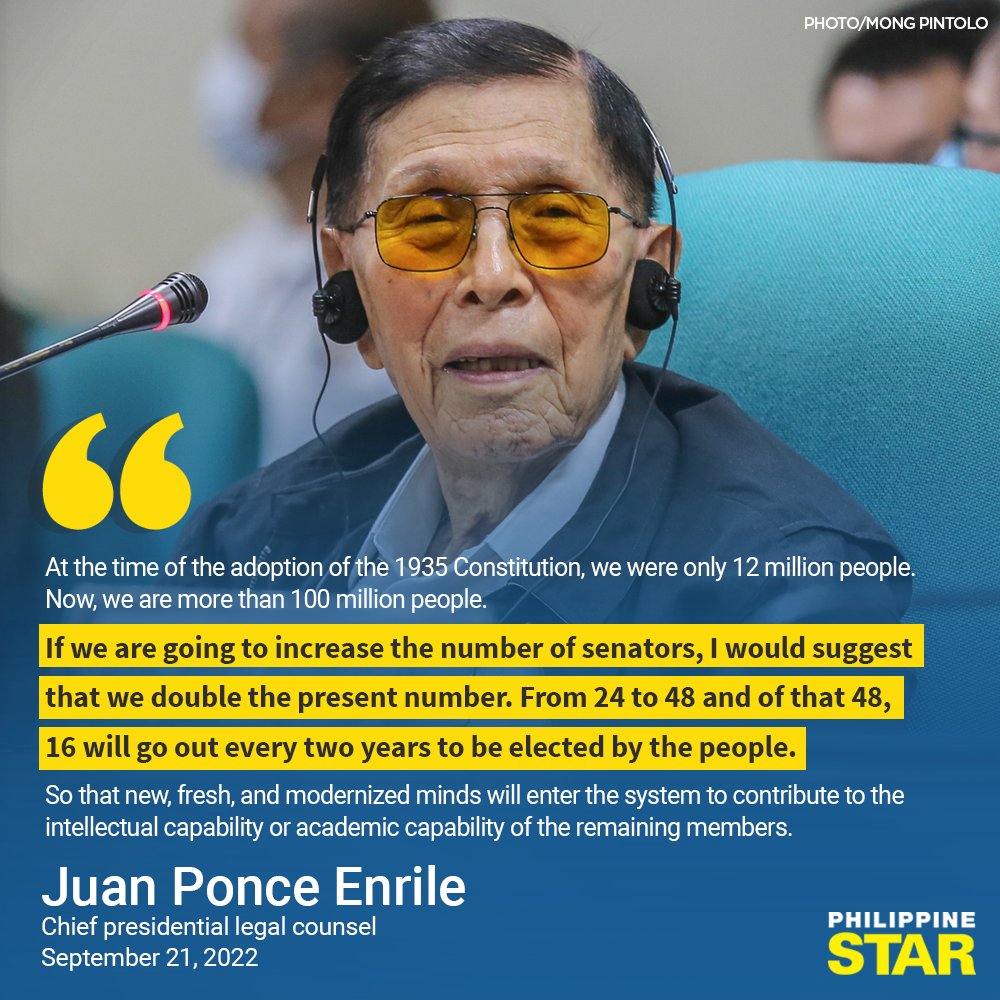 PhilippineStar's tweet photo. ENRILE SUGGESTS ELECTING 48 SENATORS

Chief presidential legal counsel Juan Ponce Enrile on Wednesday suggested doubling the number of senators to 48, citing the need to match the country's increasing population. https://t.co/ekNNJEPixj