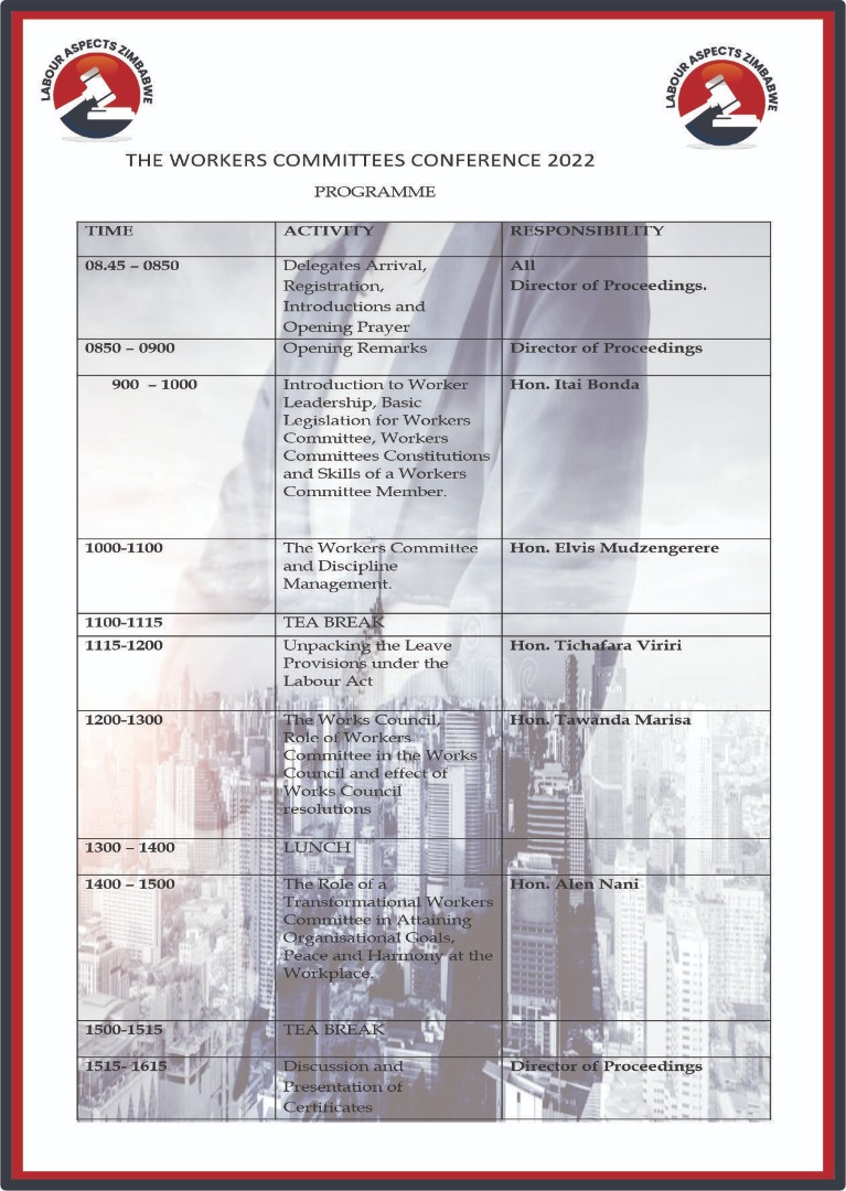 LabourAspectsZW's tweet photo. Good Morning 🌅

Here is the program for tomorrow's Conference at Management Training Bureau.

There are still seats available. Get yours today or you can still pay CASH tomorrow at the venue. https://t.co/IAAzjcR7o7