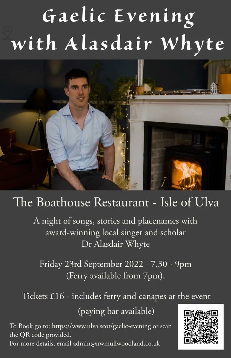 📆🎶 Tomorrow, Friday 23rd September - A Gaelic evening with Alasdair Whyte on the Isle of Ulva

A night of songs, stories and place-names with award-winning local singer and scholar Dr Alasdair C. Whyte. More info 👉 bit.ly/3BZvvTZ