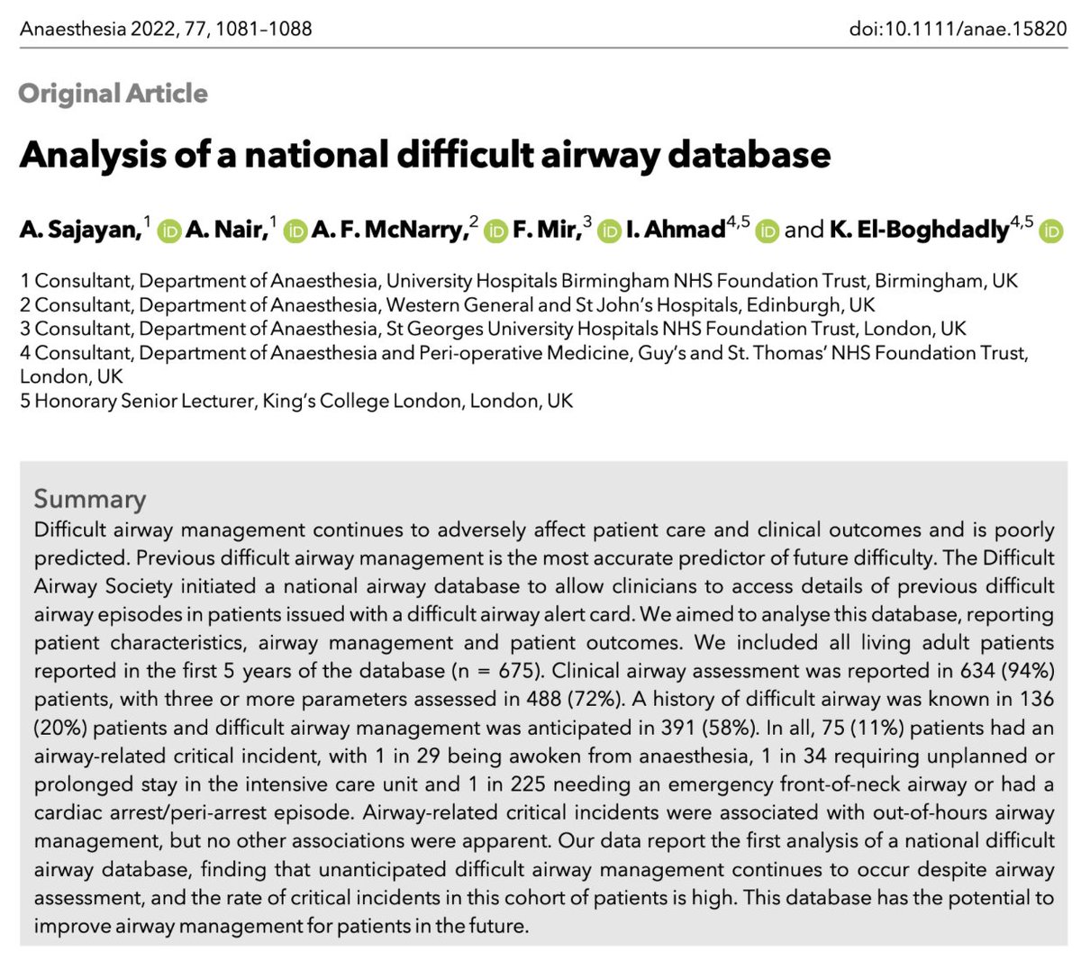 🔐Analysis of a national difficult airway database.

This great new paper from @Sajay70, @altgm, @dr_imranahmad and @elboghdadly is now #FreeForAWeek!

🔗…-publications.onlinelibrary.wiley.com/doi/10.1111/an…