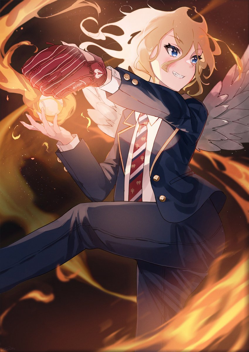 blonde hair blue eyes necktie wings solo fire smile  illustration images