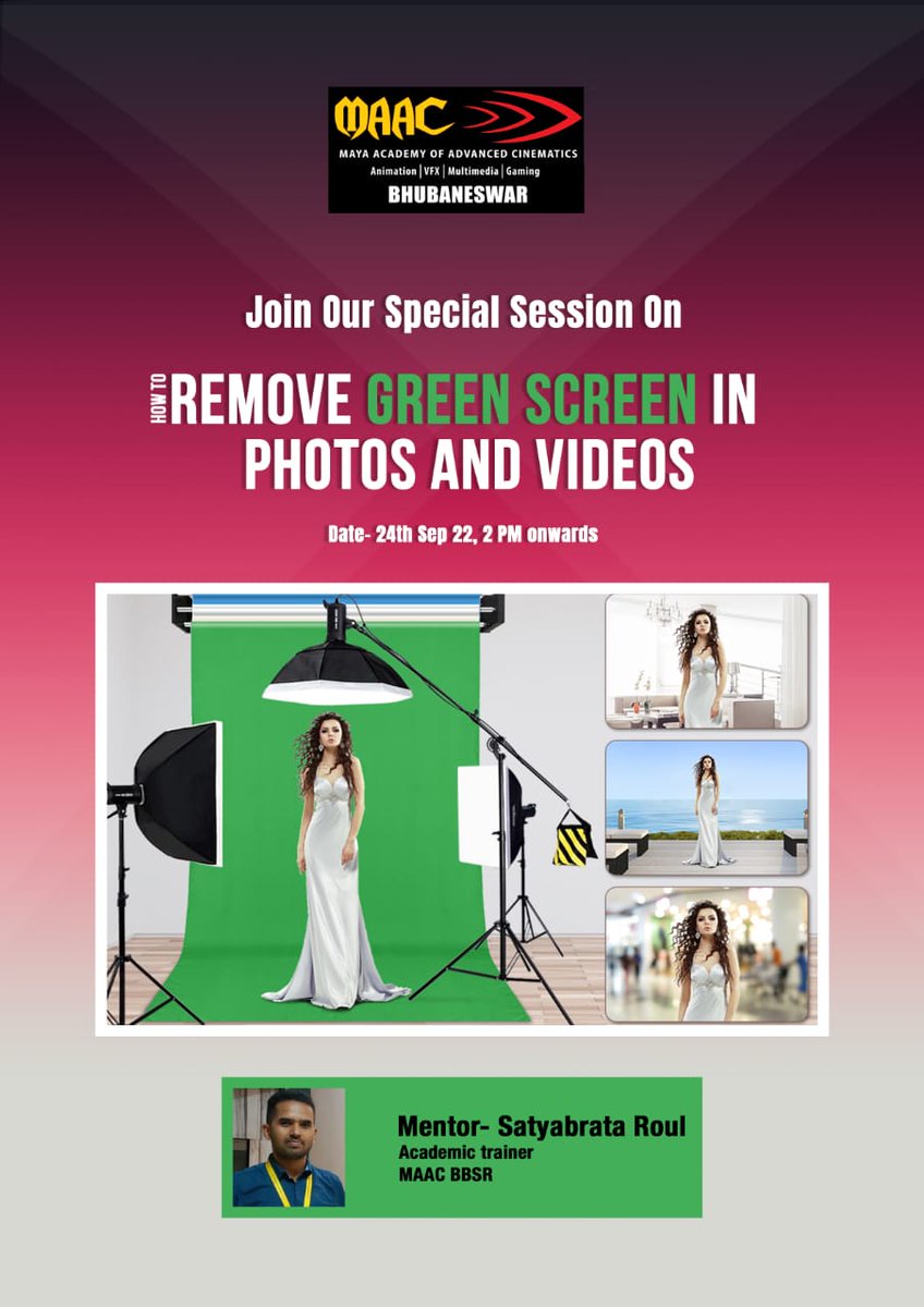 MaacBbsr's tweet photo. Dear All,Bhubaneswar Maac  brings to you an interesting and exciting seminar on "How To Remove GREEN SCREEN In Photos &amp; Videos"
To register kindly call 8448440842
#maacbhubaneswar #maacbbsr #animationinstitute #bestacademybhubaneswar #studentskilldevelopment #maacindia #rendering https://t.co/ea5f4RjU1i