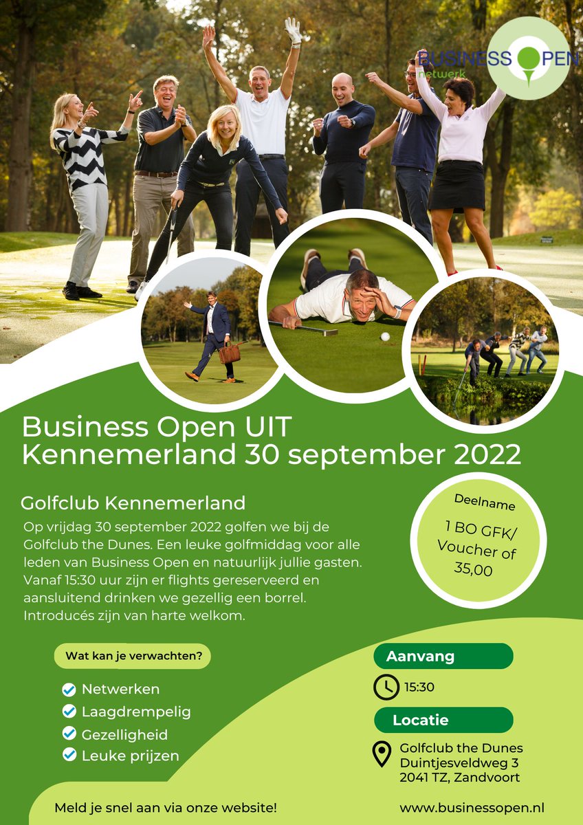 Zin om te golfen? Kom gezellig langs bij het Business Open UIT Event bij The Dunes golf Zandvoort op 30 september 2022. Deelnemers zijn vanaf 15:30 welkom. 

Aanmelden: businessopen.nl/special-events…

#netwerken #golfen #event #Socialisen #borrel #Zandvoort #Haarle #business