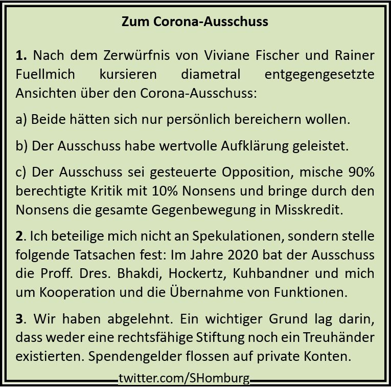 Zum Streit im "Corona-Ausschuss" habe ich von Ihnen viele Fragen erhalten und bitte um Verteilung dieses Posters in den sozialen Netzen. Indirekt sind ja auch die Interessen der <a href="/diebasispartei/">dieBasis</a> berührt. 1/2