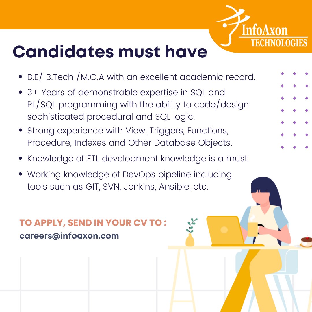 InfoAxon's tweet image. The future is right here. And if you’re reading this, it’s your chance to be a part of it. We're looking for #sqldevelopers to be a part of our #digitaltransformation projects globally.
If you believe you fit the bill, send in your CVs to careers@infoaxon.com.