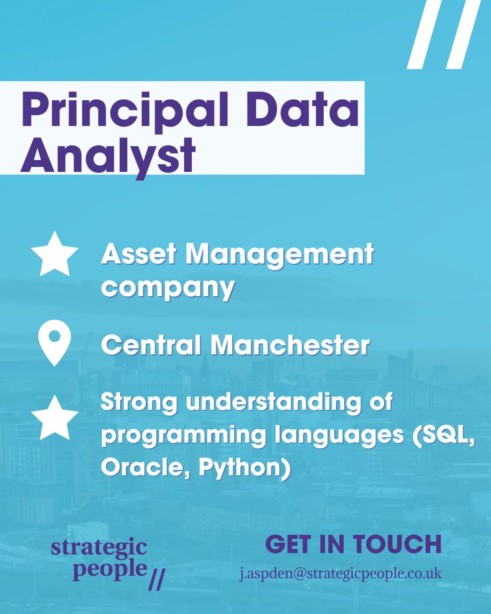 StrategicMCR's tweet photo. 🌟 Now Hiring - Principal Data Analyst 🌎

➤  A leading Asset Management company based in Central Manchester are seeking a Principal Data Analyst to start up their Data Function.
➤  The successful candidate will be responsible for the analysis, design, delivery, management  ... https://t.co/ePj0LREAOG