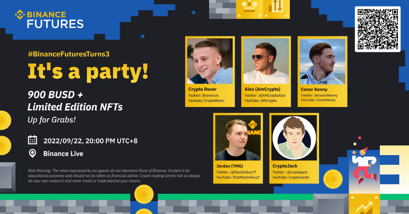binance's tweet photo. Join us on #Binance Live to celebrate @BinanceFutures' 3rd Year Anniversary with fellow experienced crypto traders.
 
🗓 Today, September 22, 2022.
⏰ 12:00pm UTC.
 
Tune-in for an opportunity to win 900 #BUSD and some limited edition 3rd Year Anniversary NFTs!

Set a reminder ⤵️