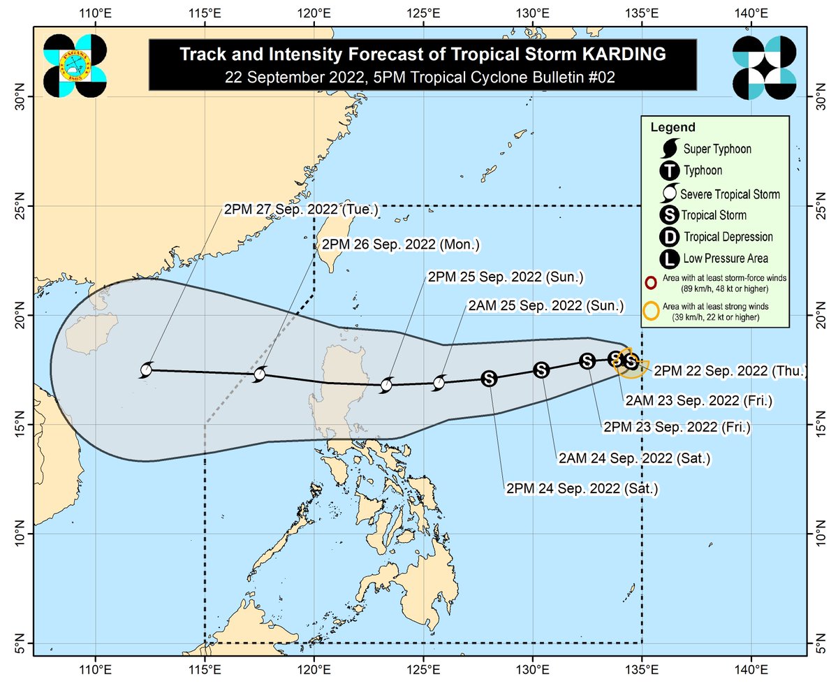 dost_pagasa's tweet photo. TROPICAL CYCLONE BULLETIN NO. 2
Tropical Storm #KardingPH
Issued at 5:00 PM, 22 September 2022
Valid for broadcast until the next bulletin at 11:00 PM today

“KARDING” INTENSIFIES INTO A TROPICAL STORM 

https://t.co/Fm9hmnj963 https://t.co/wWTHFoqqfE