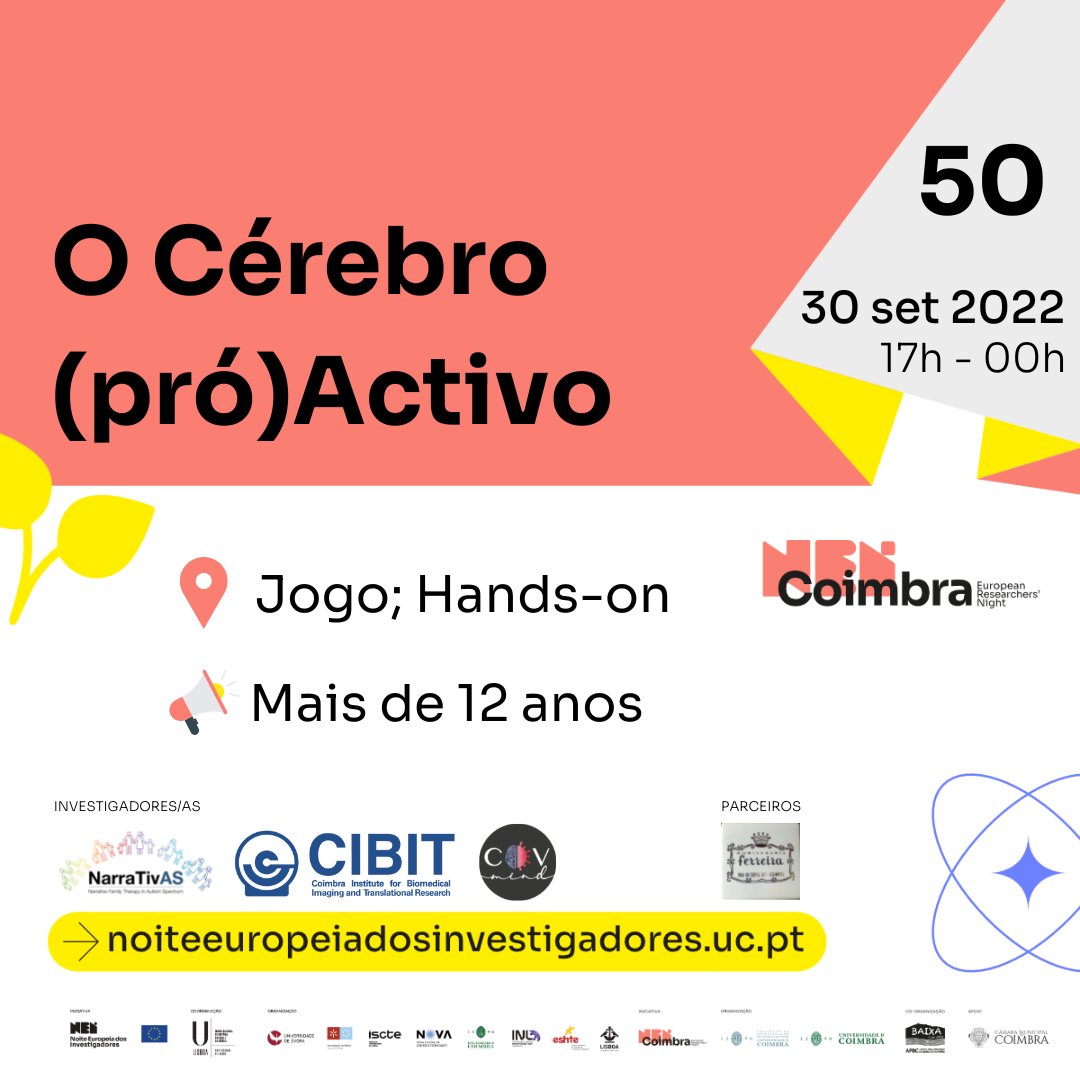 CIBIT_UC's tweet photo. European Researchers' Night is back and #CIBIT_UC will join the SCIENCE ROUTE organized by the @uc_iii, @UnivdeCoimbra.

Visit us to participate in our hands-on activities and discover the (Pro)Active Brain 🧠!

🗓️ 30 Sep, 5pm-midnight
📍  Rua da Sofia, Coimbra

#NEI2022 #scicomm https://t.co/rYMLtvj6b2