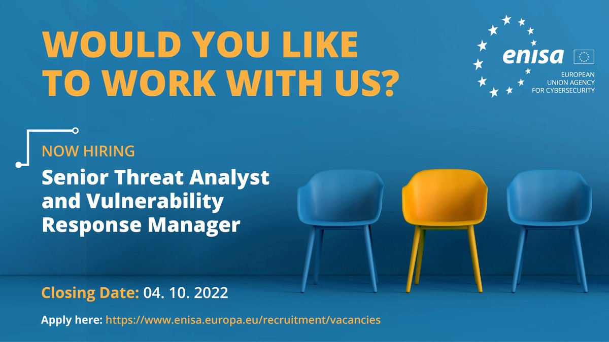 Would you like to contribute to #ENISA’s work on situational awareness from our new office in Brussels🇧🇪?

We are looking to recruit a #cybersecurity professional with expertise in cyber threat intelligence &amp; vulnerability management &amp; response. 
🔗enisa.europa.eu/recruitment/va… #EUjobs