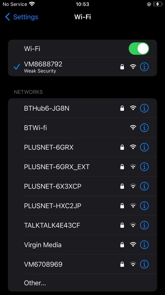 C3AS3RPOGO's tweet photo. @virginmedia I have cleared cookies and cache  still having the same issue. Attaching pucture fir reference as my WiFi is reading weak security https://t.co/ub2gTzOVqi