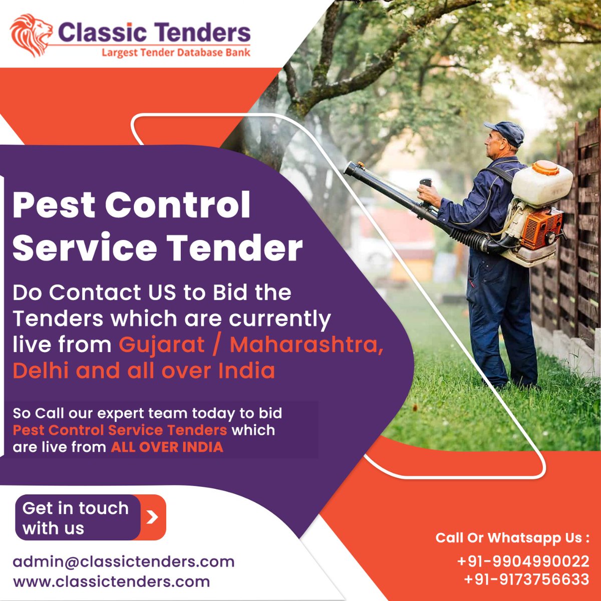 Pest Control Services TENDERS
Do contact us to bid tenders which are currently live from Gujarat / Maharashtra / Delhi and all over India
Do contact/WhatsApp on 9173756633
Email on :admin@classictenders.com
Visit us:Visit us classictenders.com gemgovregistration.com