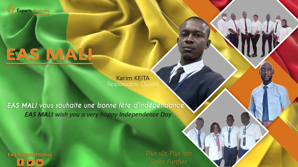 EAssocies's tweet photo. Maliens, Maliennes c'est avec fierté et honneur que le Groupe EAS s’associe à la célébration de la fête d'indépendance du Mali.
Vive le Mali 🇲🇱🇲🇱!
KarimKeita 
Responsable qualité

#aeroport #Mali #securite  #Equipe #Africa #Senegal #Repost https://t.co/DtuqHIxji7