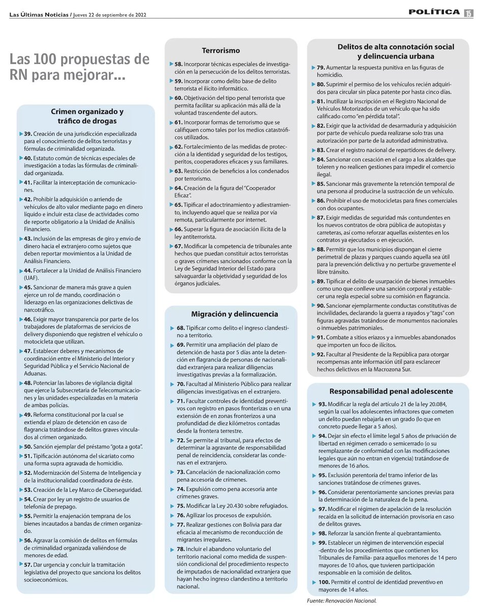 ojodelmedio's tweet photo. LUN publica a dos páginas un centenar de propuestas de RN sobre seguridad pública y lucha contra el narco. Lástima que unas páginas antes no haya consignado que el funcionario de la Subsecretaría de Prevención del Delito condenado por tráfico era militante y operador político RN. https://t.co/UwgMABmoZs