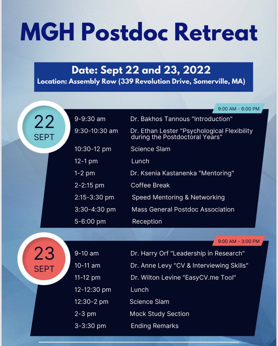 TannousLab's tweet photo. Looking forward to our MGH postdoc retreat. 2 days filled with social events, scienceslam and excellent talks on #Wellbeing #mentoring #leadership #PostdocAppreciationWeek #ThankyouPostdocs @MGHCFD @MGH_RI https://t.co/AMEnsO7ES5