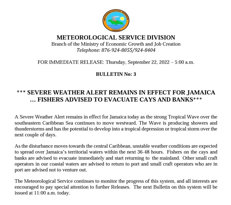 MetserviceJA's tweet photo. Fishers are now advised to evacuate the cays and banks in Jamaican waters as severe weather is expected to spread over the area within 36-48 hours. https://t.co/dZcuT2AQnP