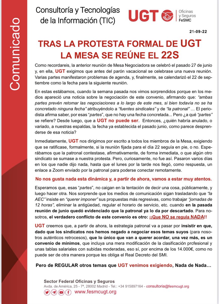 OficinesFeSMC's tweet photo. #22S Hoy se reinicia la negociación del convenio colectivo de Consultorias (tic’s)
#sectoroficinesiassegurances
#fesmcugtcatalunya 
#ugtderechosreales https://t.co/7eewYFtG9R