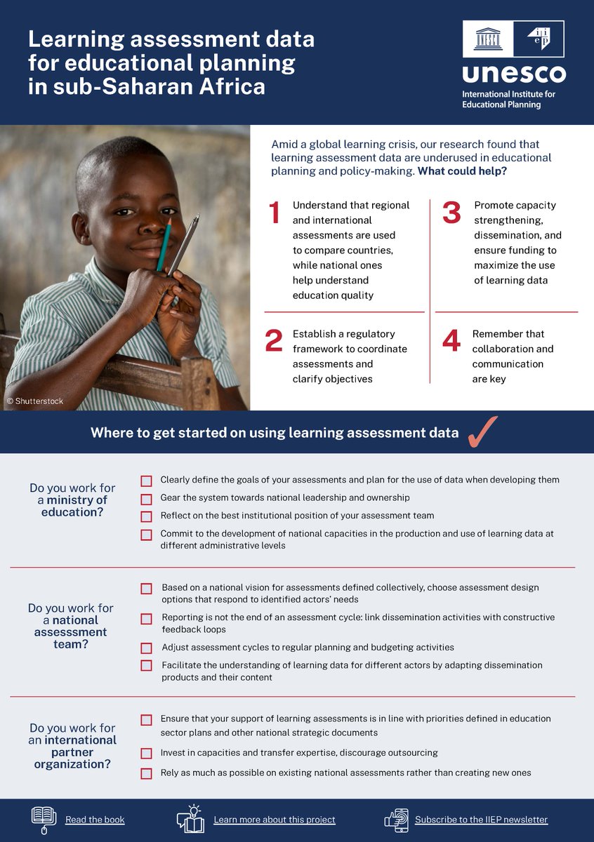 How to maximize the use of learning assessment data in educational planning &amp; policy-making? Check out this one-pager of recommendations based on our 🆕 book - a comparative analysis of the use of learning data from sub-Saharan Africa👀👇

More: at.iiep.unesco.org/ILD2022