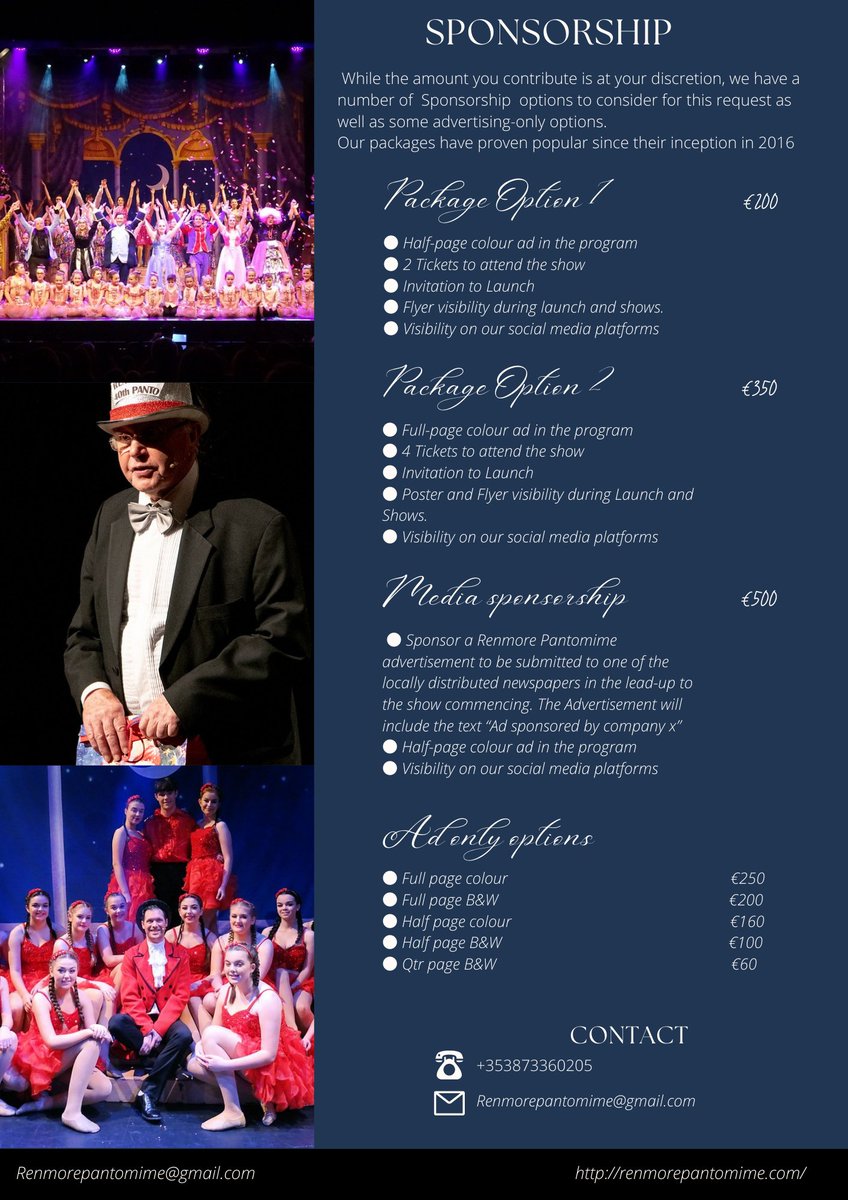 RenmorePanto's tweet photo. While the contribution is at the discretion of those that wish to join us, we do have some sponsorship options to consider and they are attached to this tweet. 

Thank you for your consideration!
#Pantomime #sponsors #supportlocal 3/3 https://t.co/rgOaG6KGNq