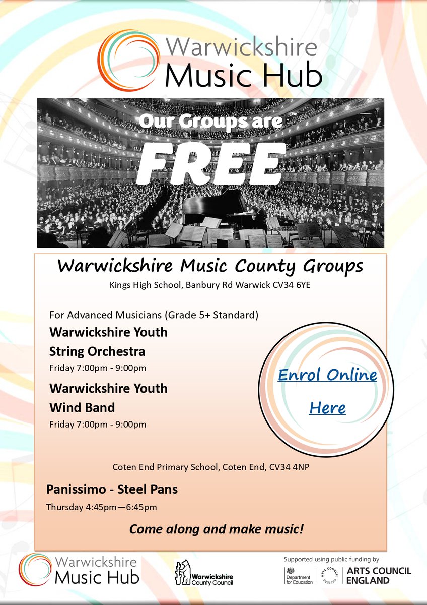 🎶🎻County Groups 🎺🎶 Our County group rehearsals start this week! These groups are for advanced musicians and are FREE! Read more and enrol on our website! warwickshiremusichub.org/join-a-group