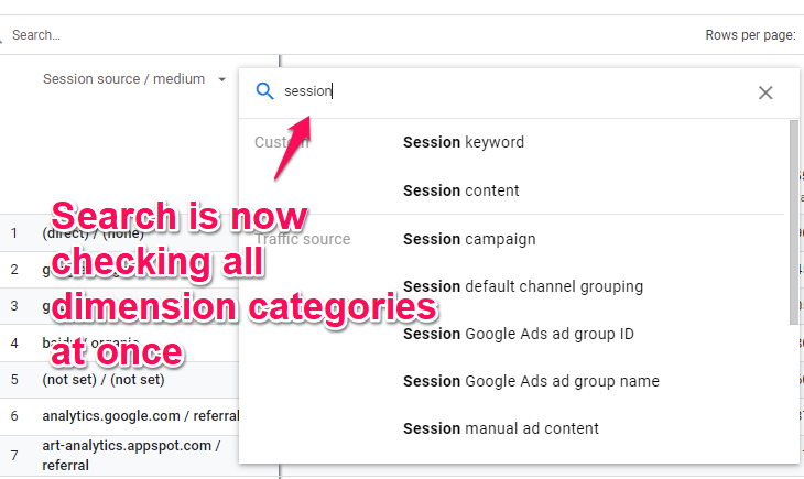 Another small improvement in #googleanalytics4 interface. In standard reports, the search of secondary dimensions is now looking at all dimension categories at the same time.
Previously, it was searching only the category that you select on the left side. https://t.co/WNCIJd3cE5