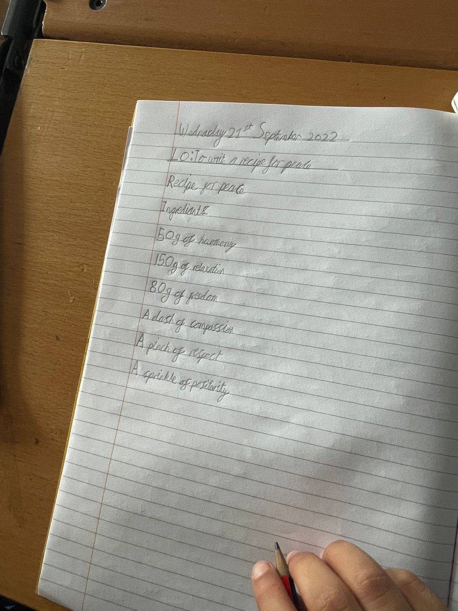 TheChadderton's tweet photo. On International Day of Peace, Year 4 wrote their own recipes for peace. #internationaldayofpeace2022 @Alpha_Schools @ISAschoolsnorth #oldham #prepschool #chadderton https://t.co/CsFB046iqy