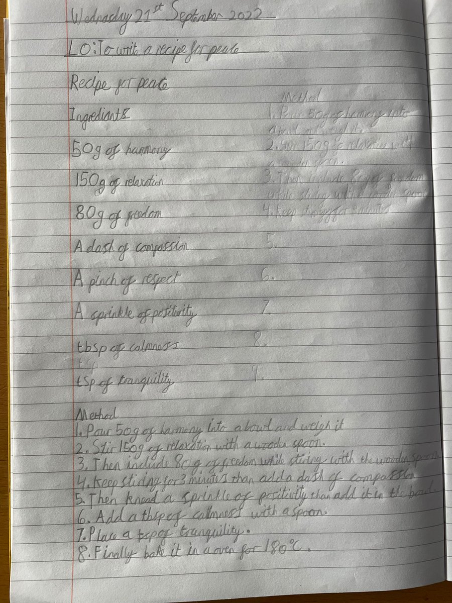 TheChadderton's tweet photo. On International Day of Peace, Year 4 wrote their own recipes for peace. #internationaldayofpeace2022 @Alpha_Schools @ISAschoolsnorth #oldham #prepschool #chadderton https://t.co/CsFB046iqy