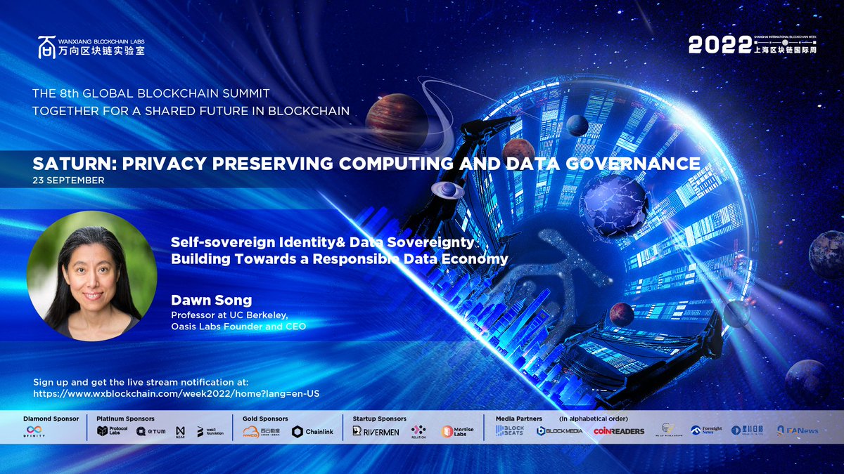 <a href="/dawnsongtweets/">Dawn Song</a> Professor at UC Berkeley, <a href="/OasisLabs/">Oasis Labs</a> Founder and CEO will deliver a keynote speech at #2022WXBlockchainSummit, at around 14:40 CST on Sep.23.

Join us at:
wxblockchain.com/week2022/live?…