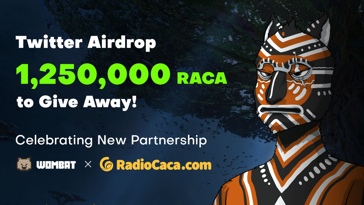 🥳 Wombat x Radio Caca Celebration #Airdrop Incoming 🪂

🎁We're giving away 1,250,000 RACA to 16 lucky winners (78,125 RACA each)!

How to enter?
1️⃣ Follow <a href="/WombatExchange/">Wombat Exchange 🐻🔁</a> <a href="/RadioCacaNFT/">Follow @RACA_3</a> <a href="/USMverse/">USMLab.bab</a> <a href="/JAZ_DID/">JAZ DID</a>
2️⃣ Like, RT &amp; Tag 3 friends
3️⃣ Ends on 25 Sep so act quick!