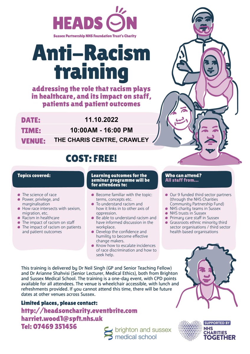 HeadsOnCharity's tweet photo. ANTI-RACISM TRAINING DATES ANNOUNCED - Crawley and Hastings

After some incredible feedback from our July session, our Anti-Racism training sessions are being continued this Autumn. These sessions are a one-off training day, delivered by Dr Neil Singh and Dr Arianne Shahvisi ⬇️ https://t.co/e4nJxOrVoy