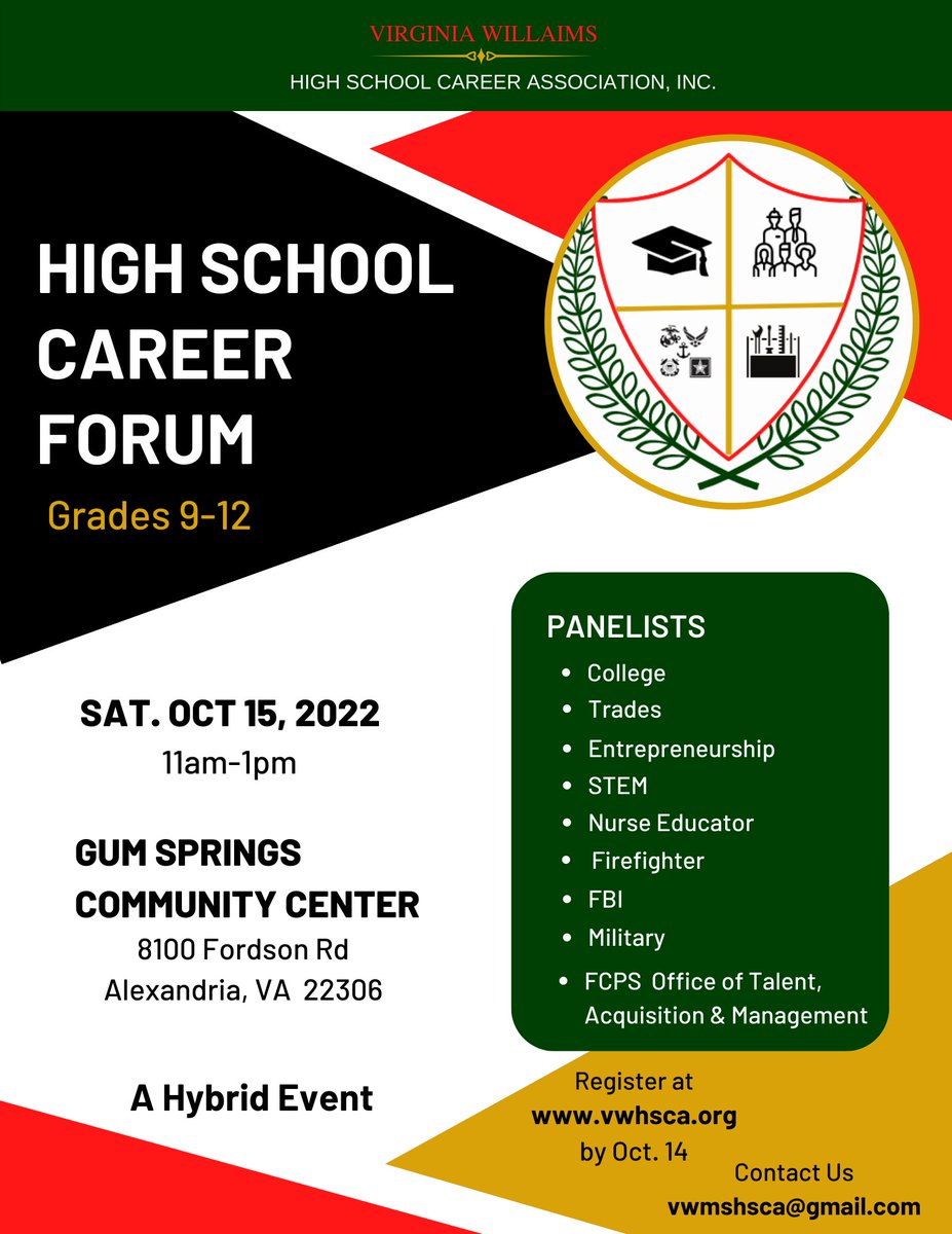vwhsca's tweet photo. The Virginia Williams High School Career Association, Inc is excited 
to host  the 7th annual High School Career Forum!  It's a great opportunity for high school students to learn about different career options from a moderated panel.  See details on flyer on how to register. https://t.co/SNdgCLebEs