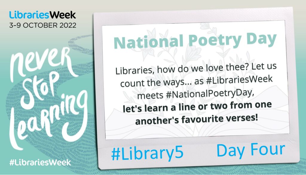 eastlothianlibs's tweet image. Libraries Week Day 4...and it&apos;s also #NationalPoetryDay! Tell us📣...can you share a line or two of your favourite verse? 📚🤩
@LibrariesWeek #lovelibraries #bookloversunite