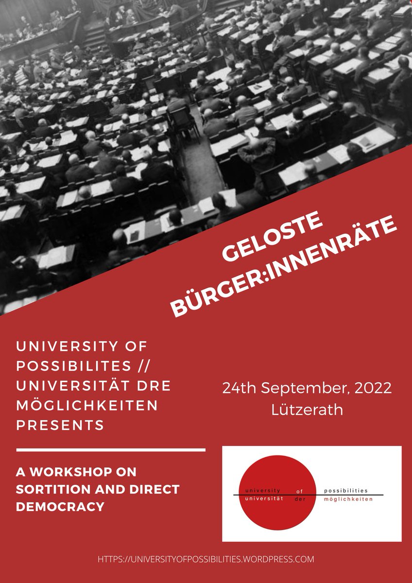 💥Fourth Workshop Announcement💥 This Saturday we will host a workshop on GELOSTE BÜRGER:INNENRÄTE: Zukunft durch Zufall gestalten. Join us for this interactive session on direct democratic participation as Sortition. Workshop will be in German.