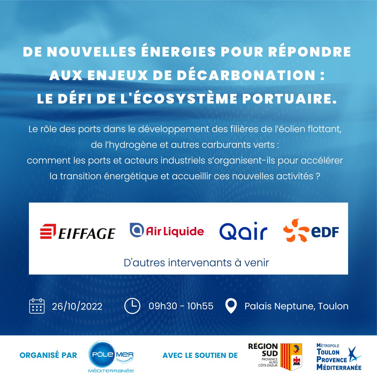 PoleMerMed's tweet image. 🔴 Découvrez les tables rondes des Blue Med Days 2022 !💡 Objectif 2040 : Une économie bleue zéro carbone et souveraine.
Inscriptions 🔗 swll.to/2RaEF2Y
🗓️ 25 &amp;amp; 26/10/2022
📍 Palais des Congrès Neptune à #Toulon
#BMD2022 @MaRegionSud @metropoleTPM